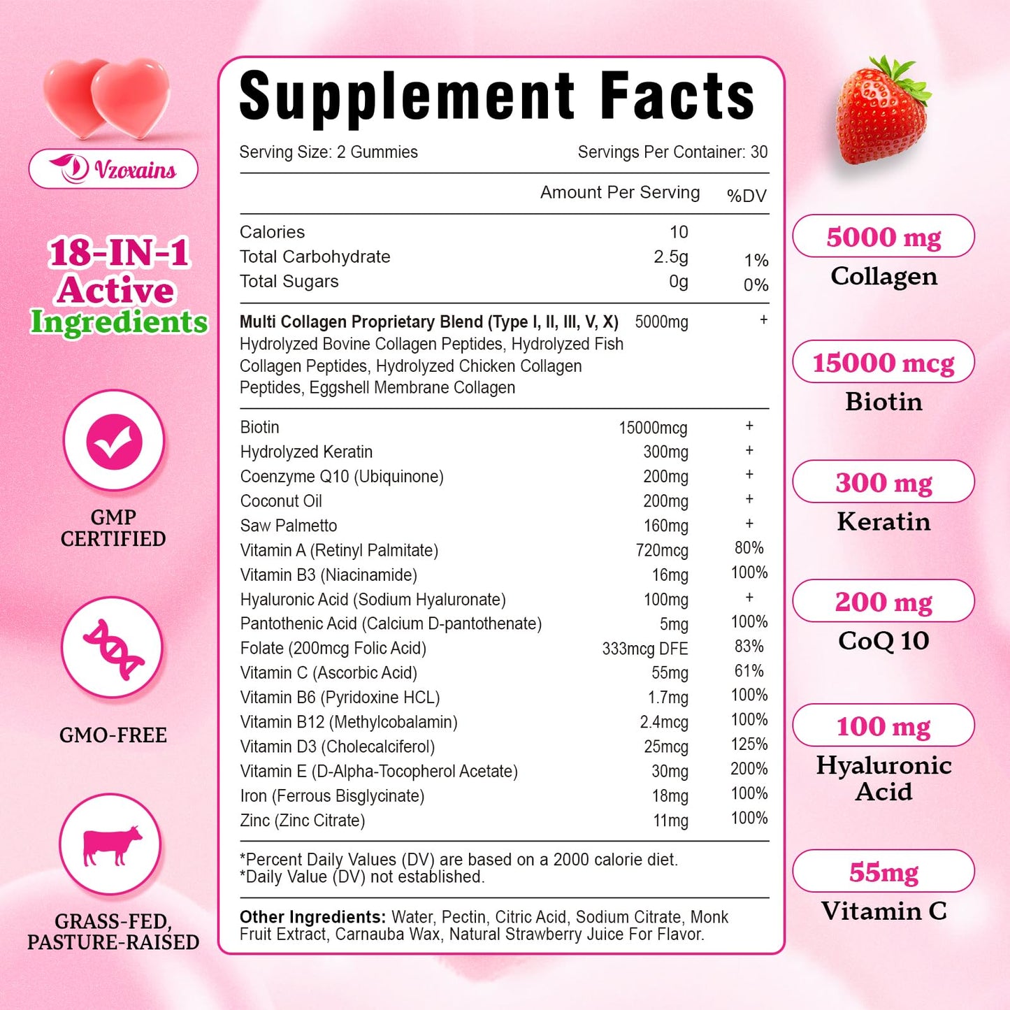 Collagen Peptides Gummies 5000MG – Strawberry Sugar Free | Biotin, Hyaluronic Acid, Vitamin C (Types I–X)