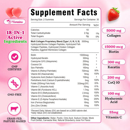 Collagen Peptides Gummies 5000MG – Strawberry Sugar Free | Biotin, Hyaluronic Acid, Vitamin C (Types I–X)