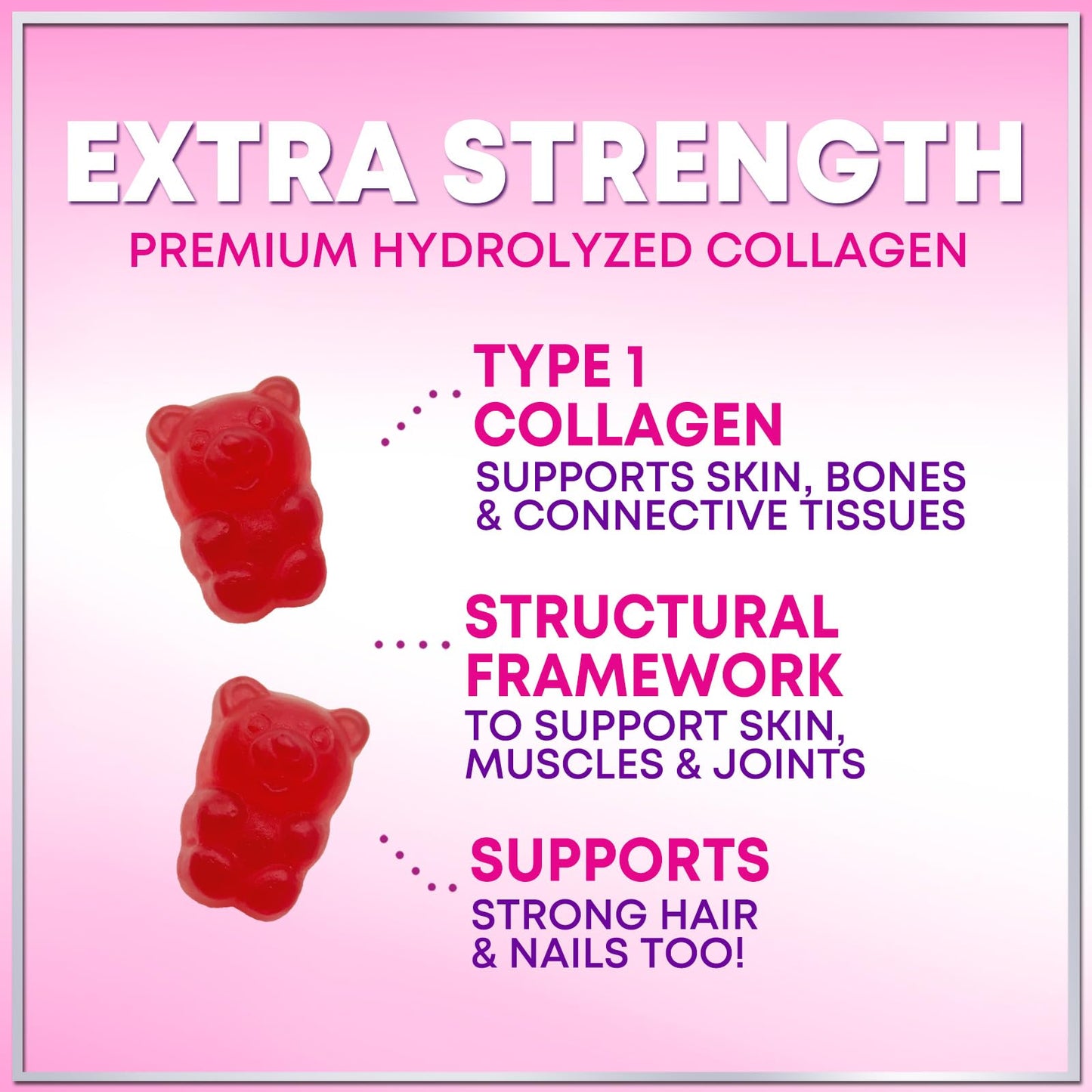 Collagen Peptides Gummies with Biotin 2500 mcg - Multi-Collagen Type I & III, Vitamin C & Zinc - 60 Gummies - Pomegranate