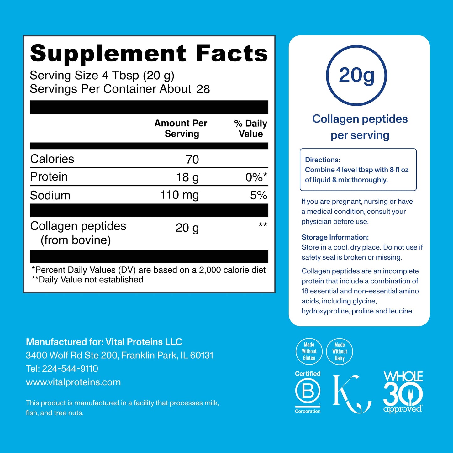 Vital Proteins Collagen Peptides Unflavored 20oz - Grass-Fed, Zero Sugar, Supports Hair, Skin, Nails, Joints