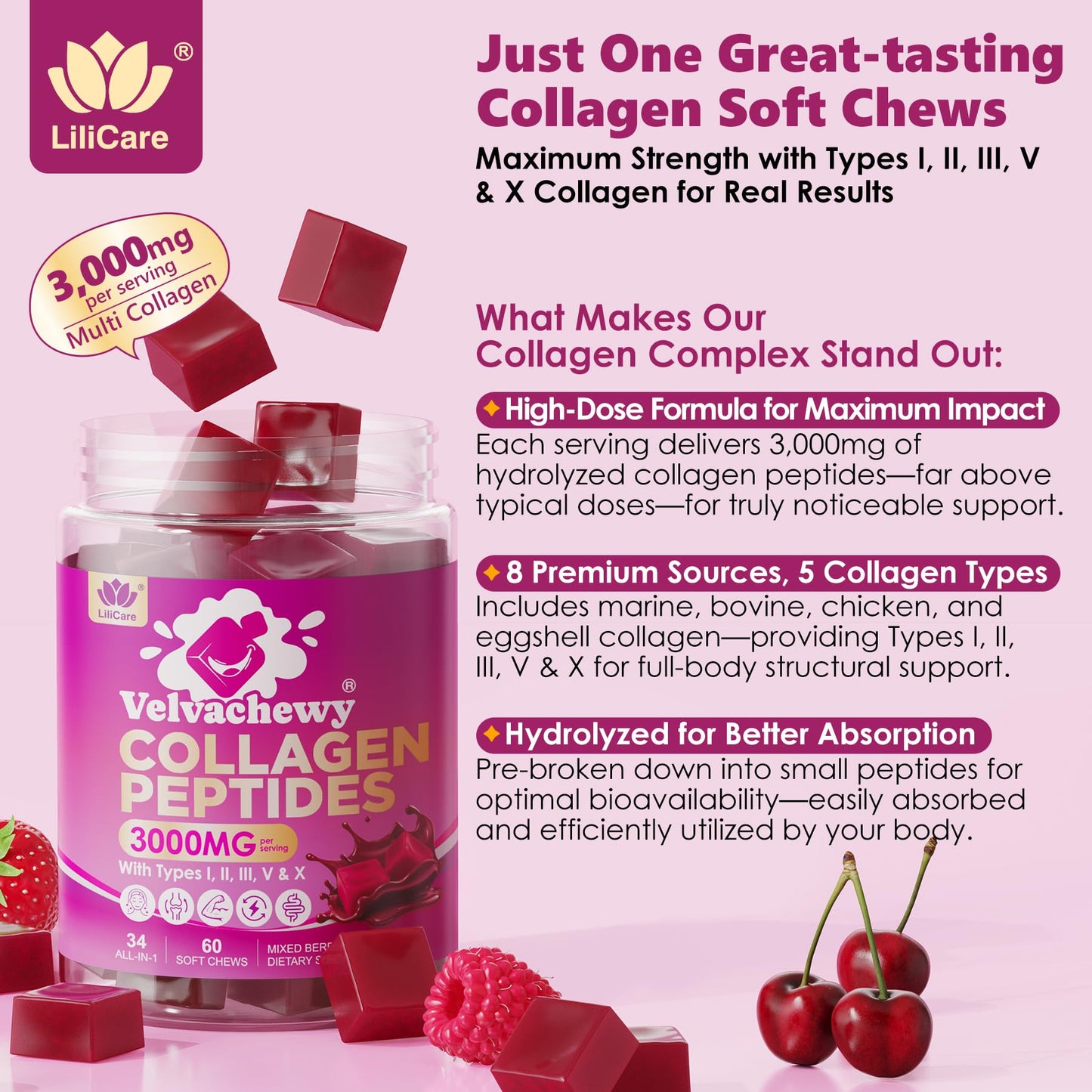 Multi Collagen Peptides Soft Chews 3000mg | 60 Servings | Hair Skin Nails & Joints