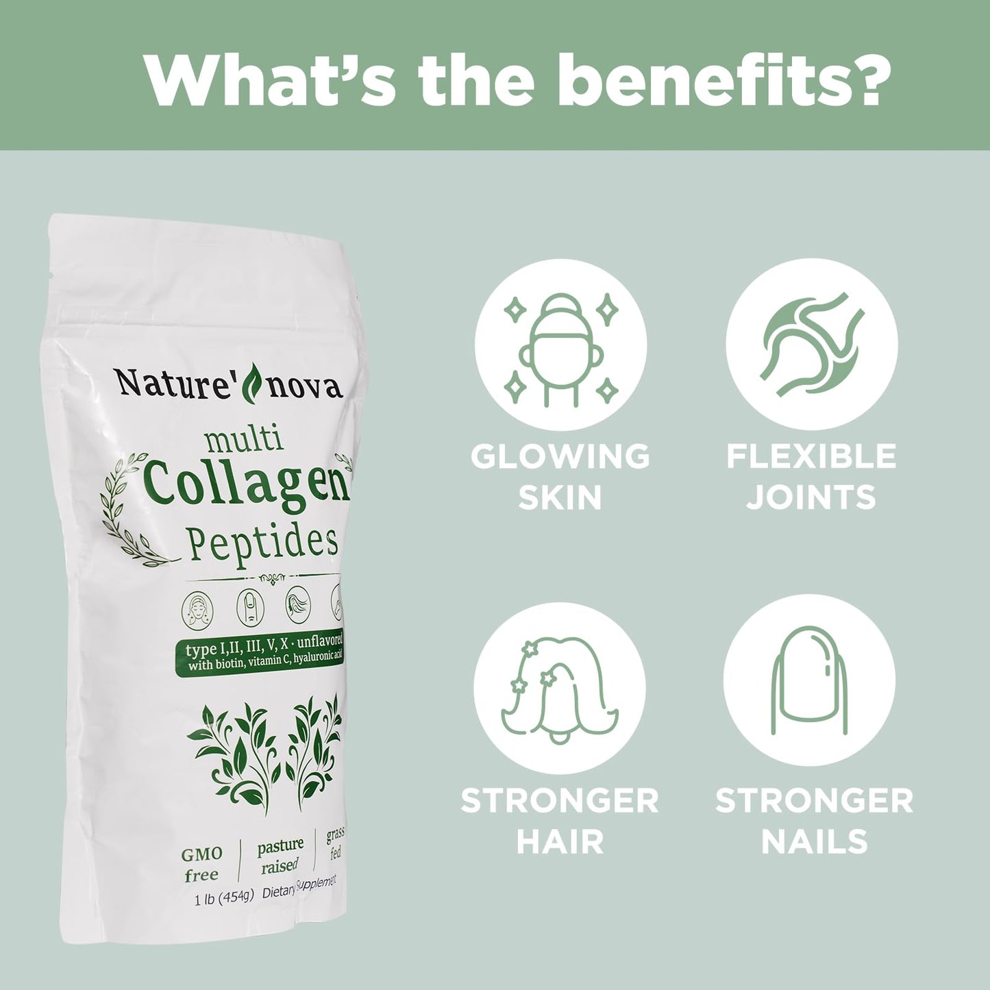 Nature's Nova Multi Collagen Peptides Powder - Types I, II, III, V, X + Biotin & Hyaluronic Acid