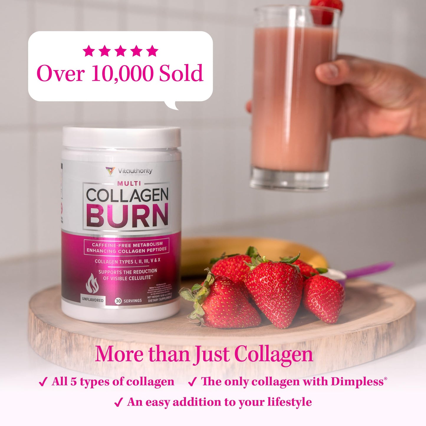 Hydrolyzed Collagen Peptides Powder for Women | MultiCollagen Burn with Hyaluronic Acid & Vitamin C (30 Servings)