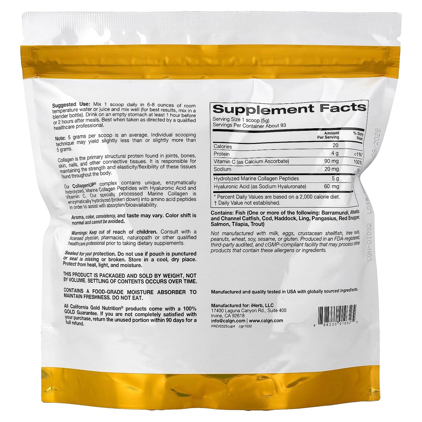 California Gold Nutrition CollagenUP® — Marine Collagen Peptides with Hyaluronic Acid & Vitamin C, Unflavored, 464 g