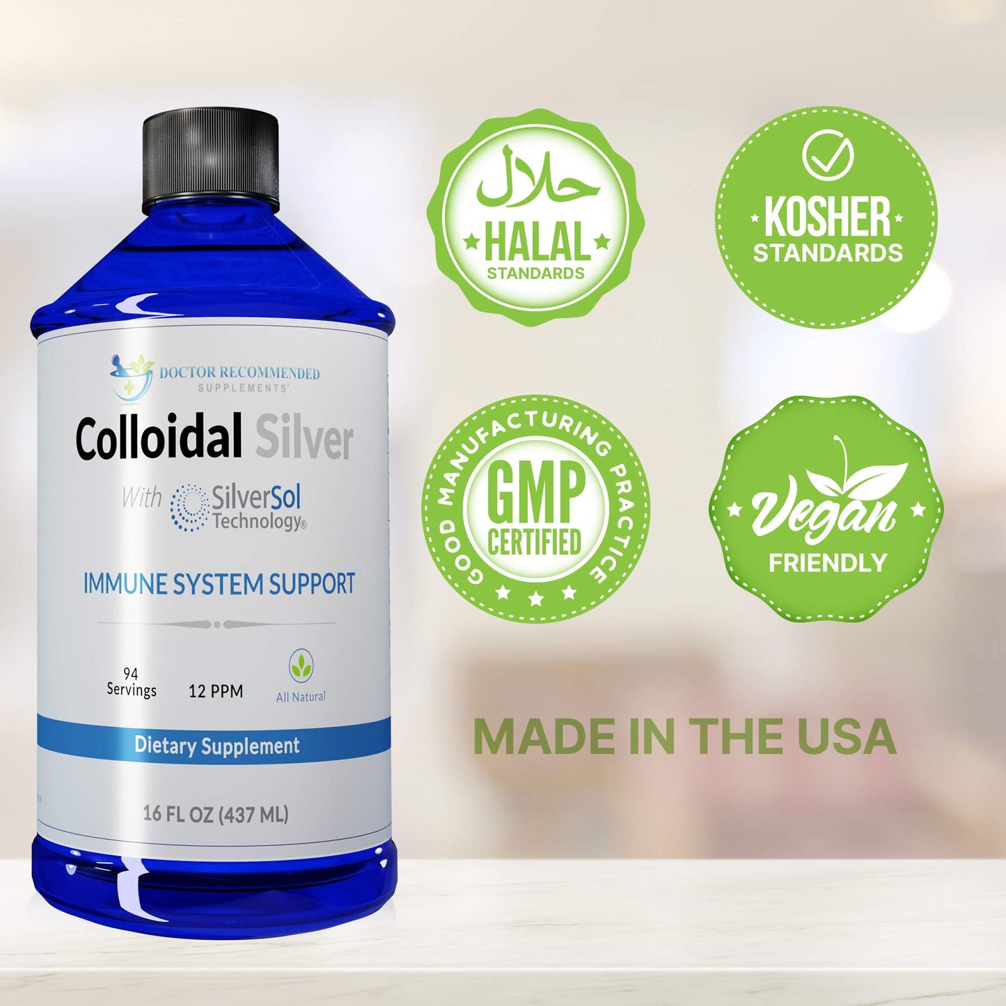 Colloidal Silver Liquid 12 PPM - 16 oz | All Natural Immune Support, 96 Servings