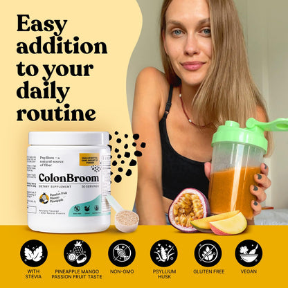 ColonBroom Psyllium Husk Powder with Stevia – Tropical Fruits Flavor, 100 Servings