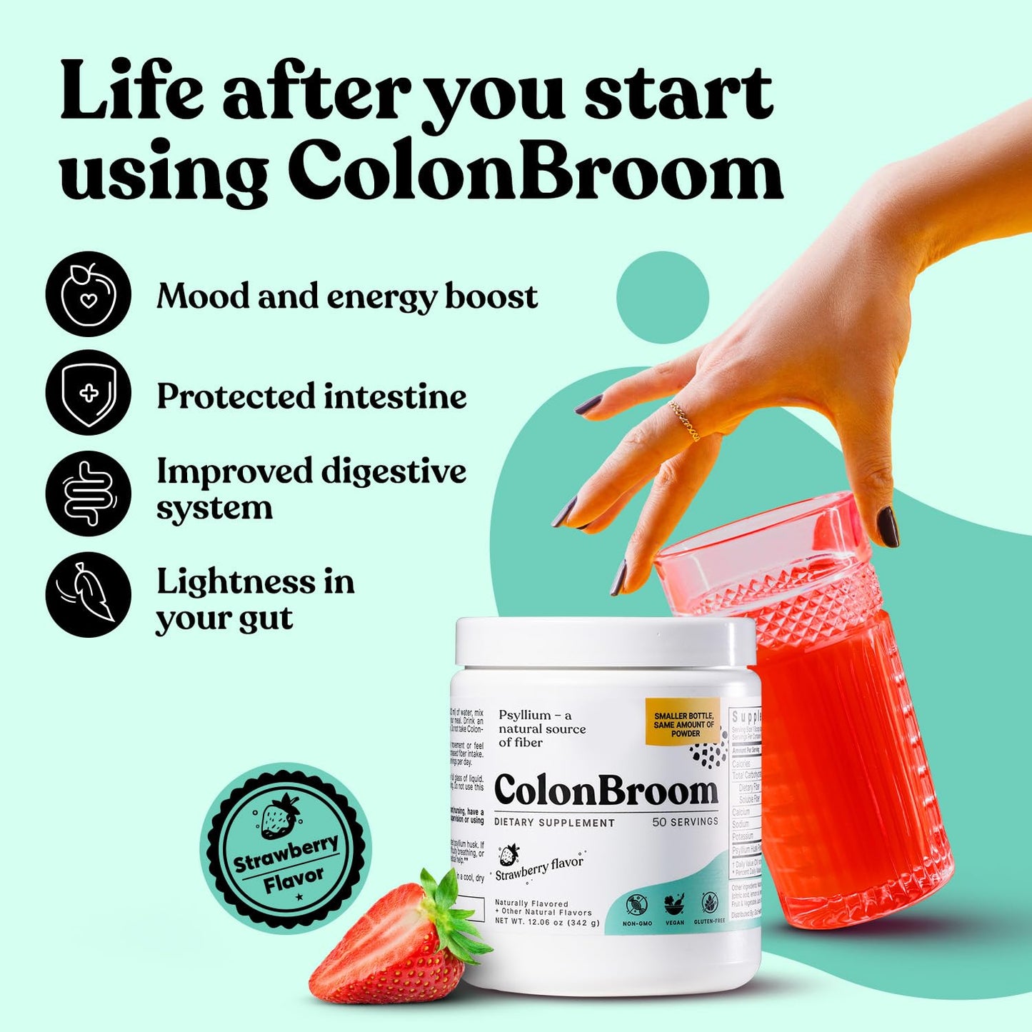 ColonBroom Psyllium Husk Powder (Strawberry) – Fiber Powder for Digestive Wellness | 100 Servings