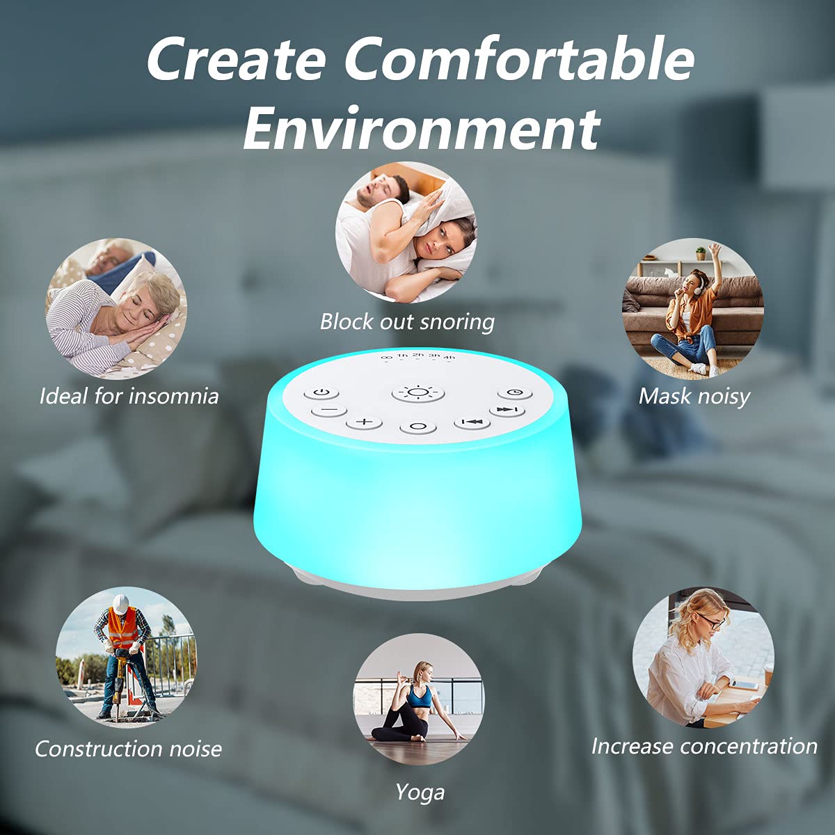 Color Noise Sound Machine – 10-Color Night Light, 25 Sounds, 32 Volume Levels, 5 Timers