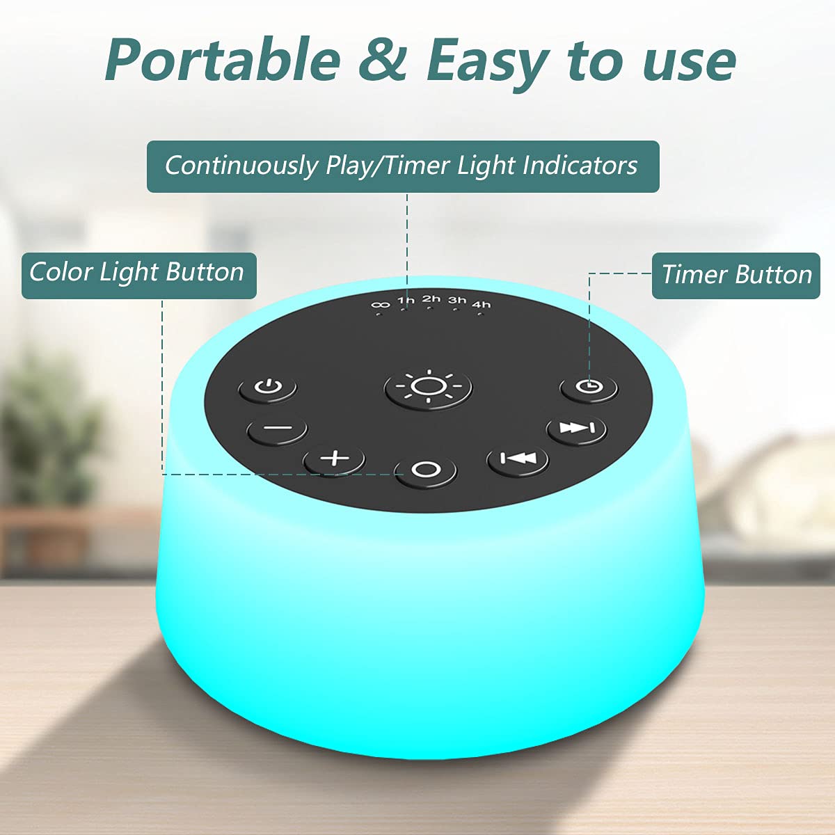 Color Noise Sound Machine — 10-Color Night Light, 25 Sounds, 32 Volume Levels, 5 Timers