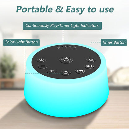 Color Noise Sound Machine — 10-Color Night Light, 25 Sounds, 32 Volume Levels, 5 Timers