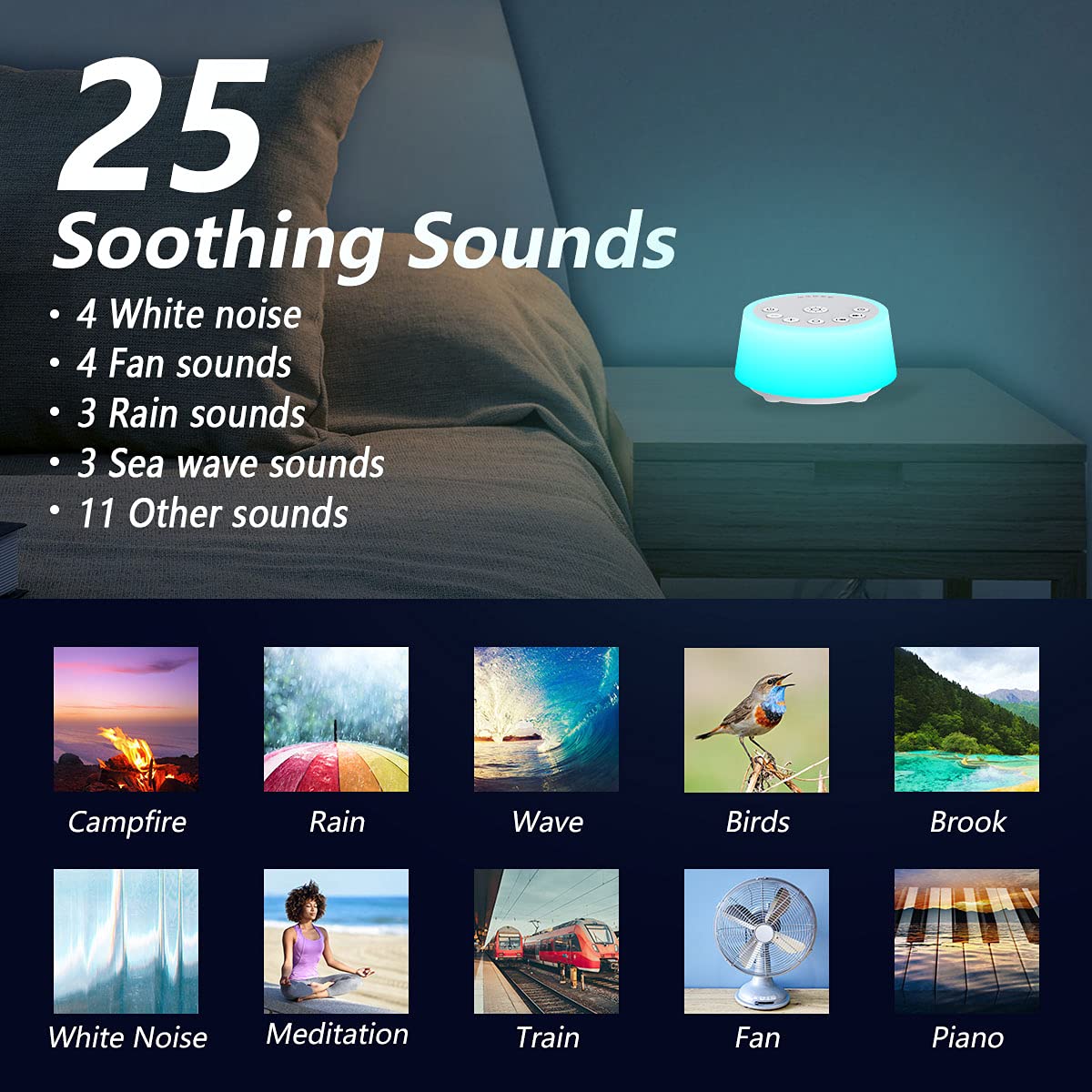 Color Noise Sound Machine – 10-Color Night Light, 25 Sounds, 32 Volume Levels, 5 Timers