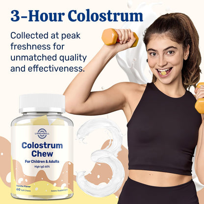 Bovine Colostrum Chews with 60% IgG – Vanilla Flavor, Grass-Fed Cows – Immune & Gut Support – 60 Soft Chews (2 Bottles)