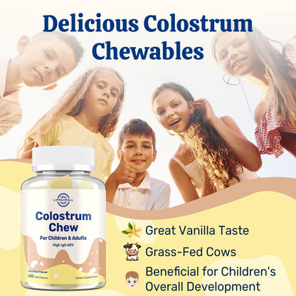 Bovine Colostrum Chews with 60% IgG – Vanilla Flavor, Grass-Fed Cows – Immune & Gut Support – 60 Soft Chews (2 Bottles)