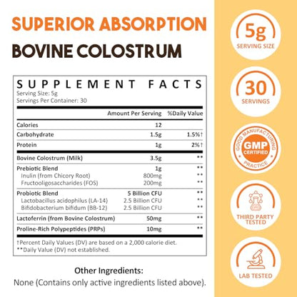 Colostrum Powder 5,000 mg – Grass-Fed Bovine with Prebiotics, Probiotics, Lactoferrin & PRP (30 Servings)