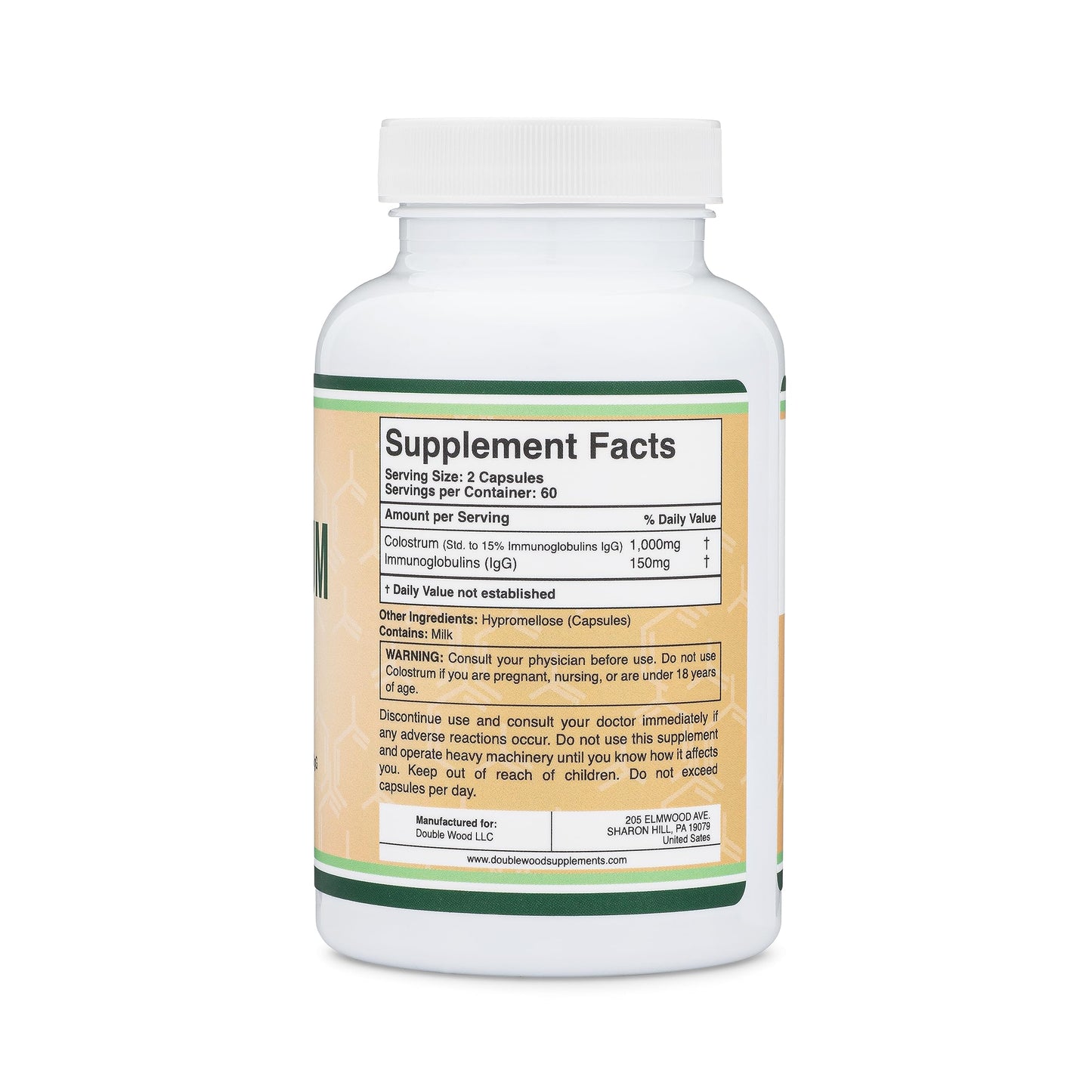 Colostrum Supplement 120 Capsules, 1,000mg per Serving | First Milking Bovine Colostrum (15% IgG) | No Fillers | Third-Party Tested by Double Wood