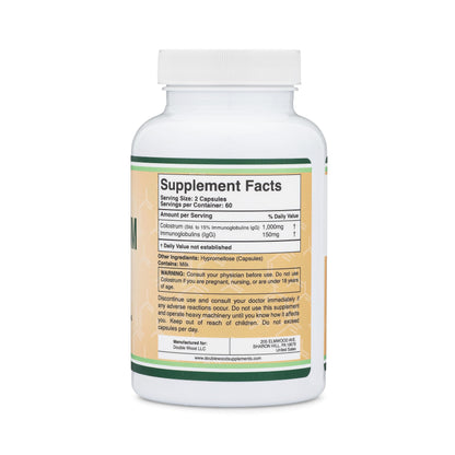 Colostrum Supplement 120 Capsules, 1,000mg per Serving | First Milking Bovine Colostrum (15% IgG) | No Fillers | Third-Party Tested by Double Wood