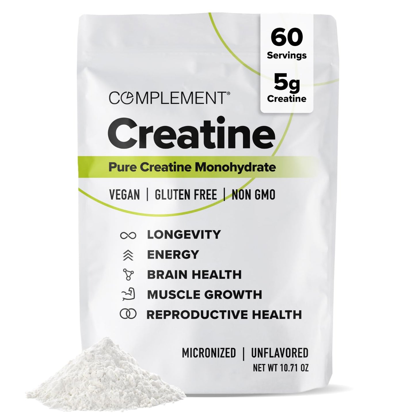 Complement Creatine Monohydrate Micronized Powder – 5g, 60 Servings | Vegan, Unflavored