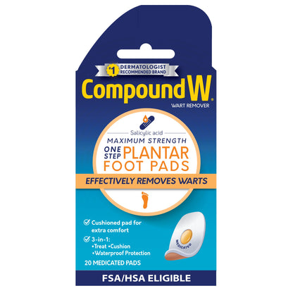 Compound W Maximum Strength One Step Plantar Foot Pads, 20 Count – Wart Removal