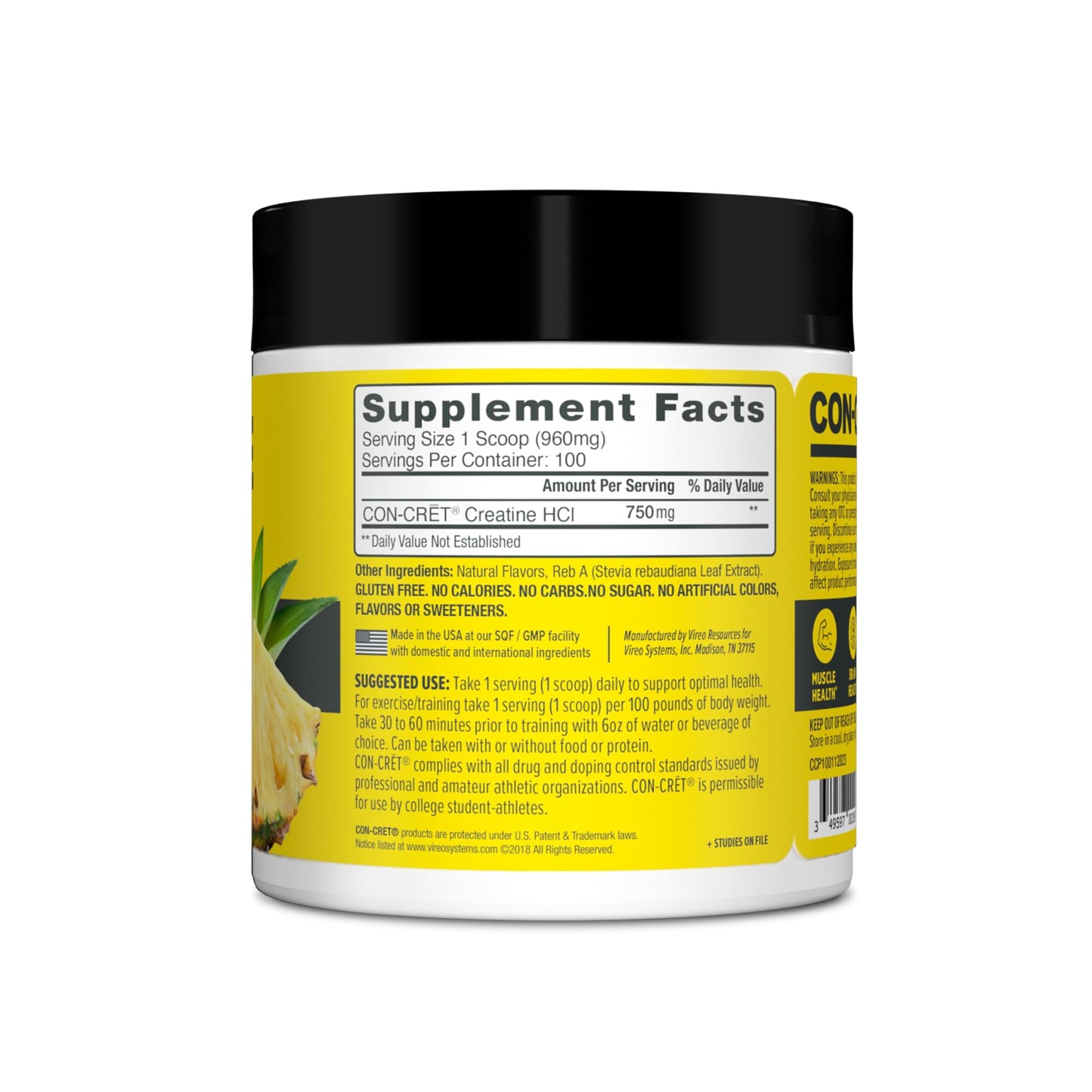 CON-CRET Creatine HCl Powder | Muscle & Cognitive Support | USA Made | NSF Certified | Pineapple (100 Servings)