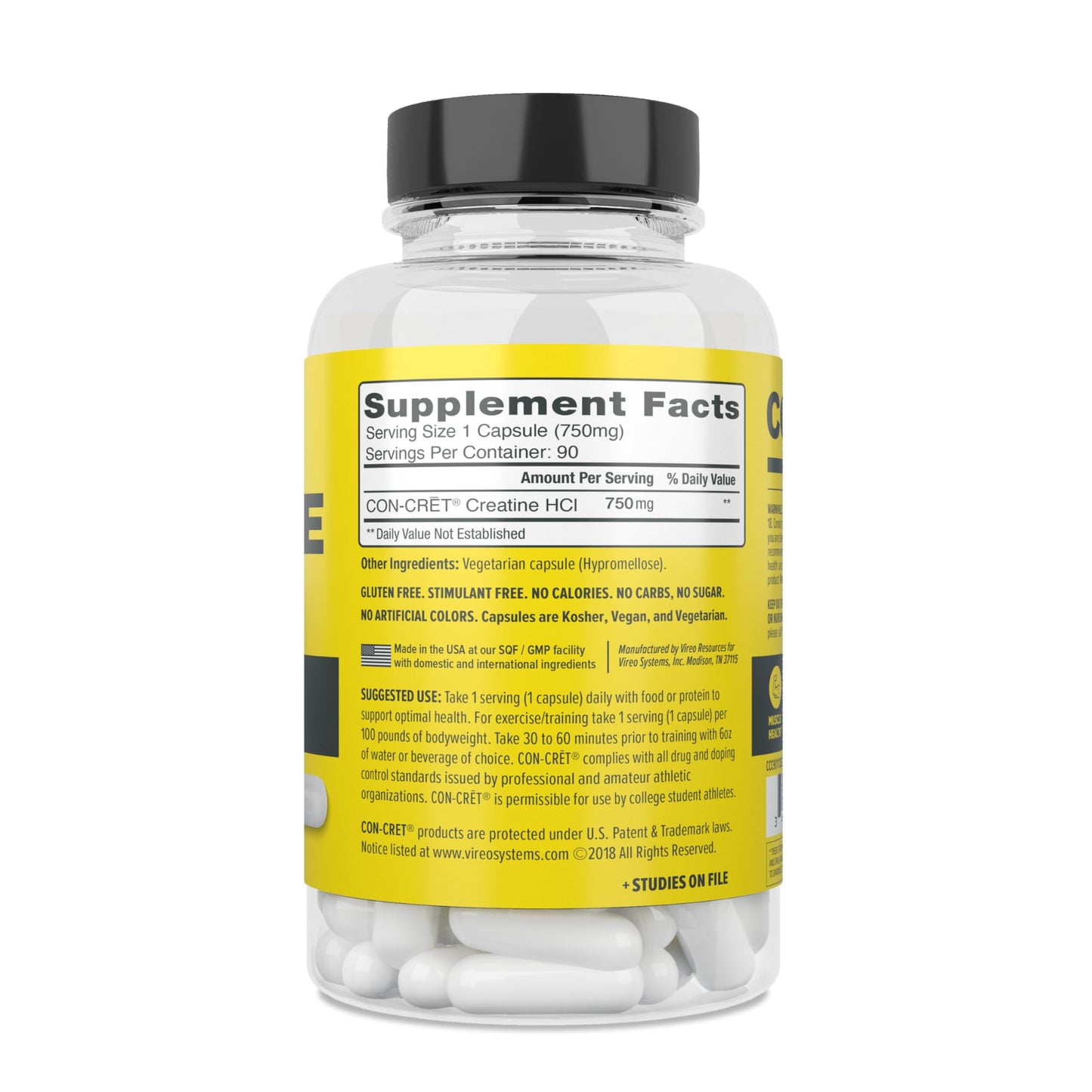 CON-CRET Creatine HCl Capsules | Muscle, Cognitive, Cellular Energy Support | No Bloating or Cramps | USA Made & NSF Certified | Creatine Pills (90 ct)