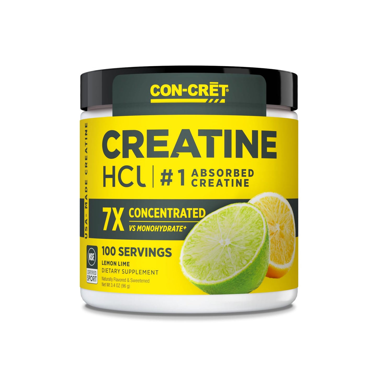 CON-CRET Creatine HCl Powder – USA Made, NSF Certified, Lemon Lime (100 Servings)