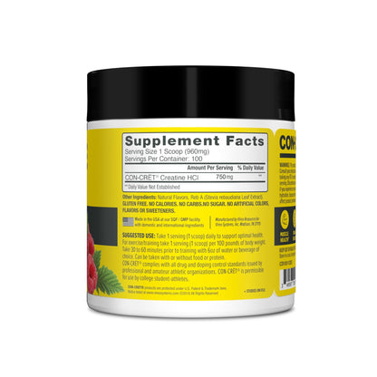 CON-CRET Creatine HCl Powder | Muscle, Cognitive, Cellular Energy Support | No Bloating or Cramps | USA Made & NSF Certified | Raspberry (100 Serving)