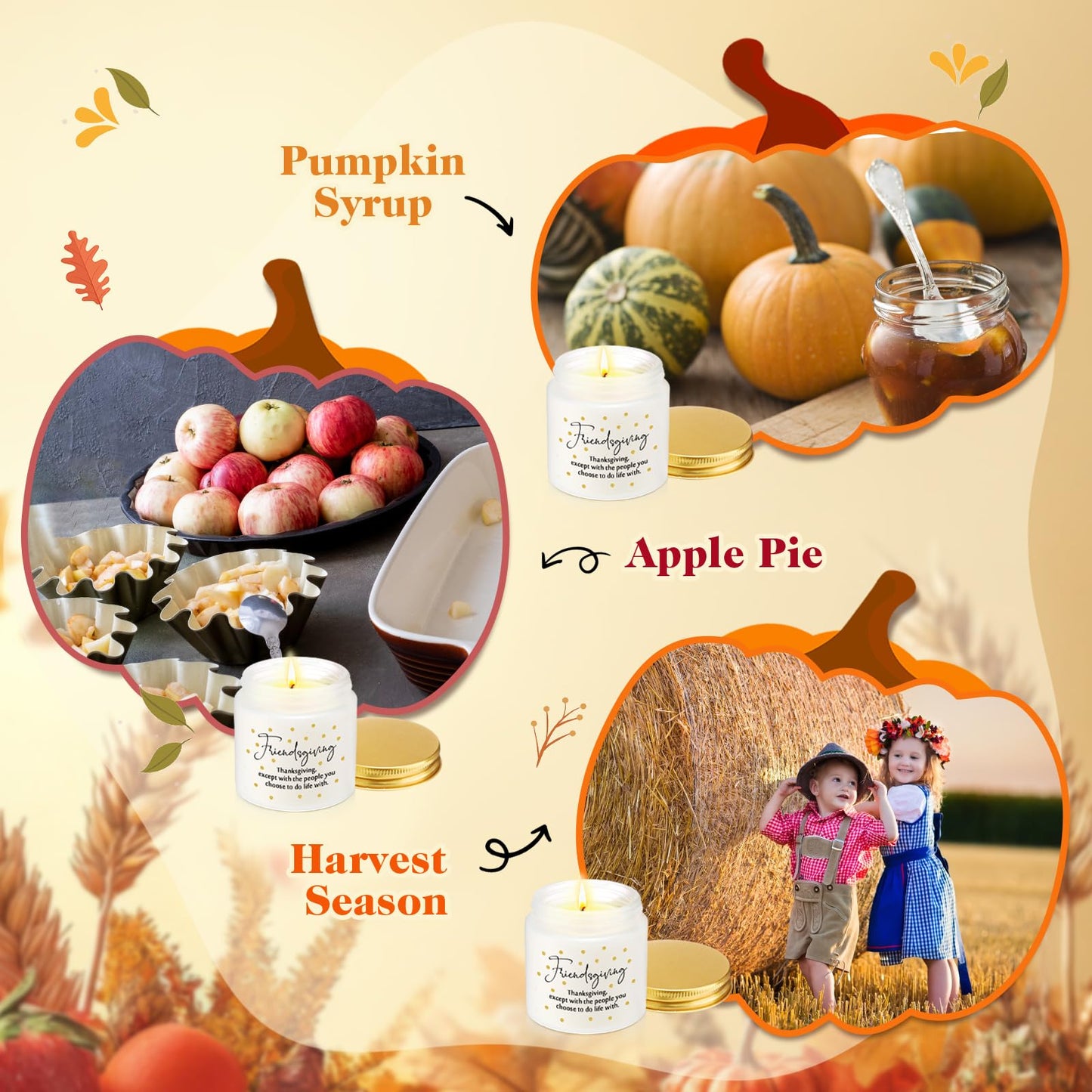 Conelist 3-Piece Thanksgiving Candles Set - 3.5 oz Soy Wax Glass Jars, Pumpkin Scented