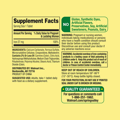 Convergence Spring Valley Iron as Ferrous Sulfate Tablets – 27 mg Iron, 250 Count | Prenatal Health Support, Gluten-Free