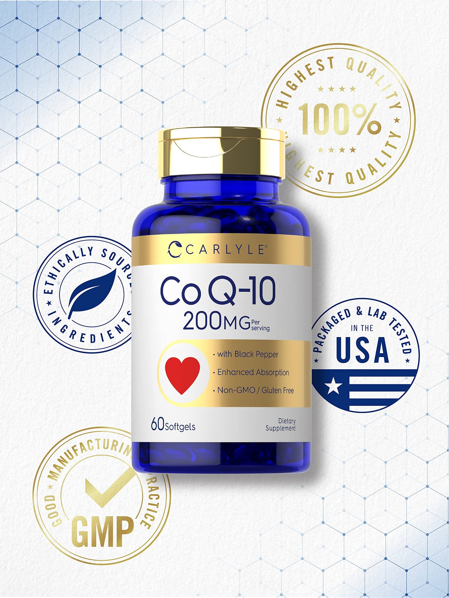 Carlyle CoQ10 200mg Softgels – 60 Count | Enhanced Absorption, Gluten Free, Non-GMO