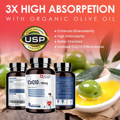 Nature Target CoQ10 200mg Softgels + Organic Olive Oil – High Absorption, 120 Servings