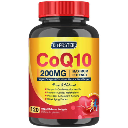 CoQ10 200mg Softgels with Vitamin E, Omega 3-6-9, PQQ | High Absorption Bioperine | Heart & Cellular Energy - 120 Servings