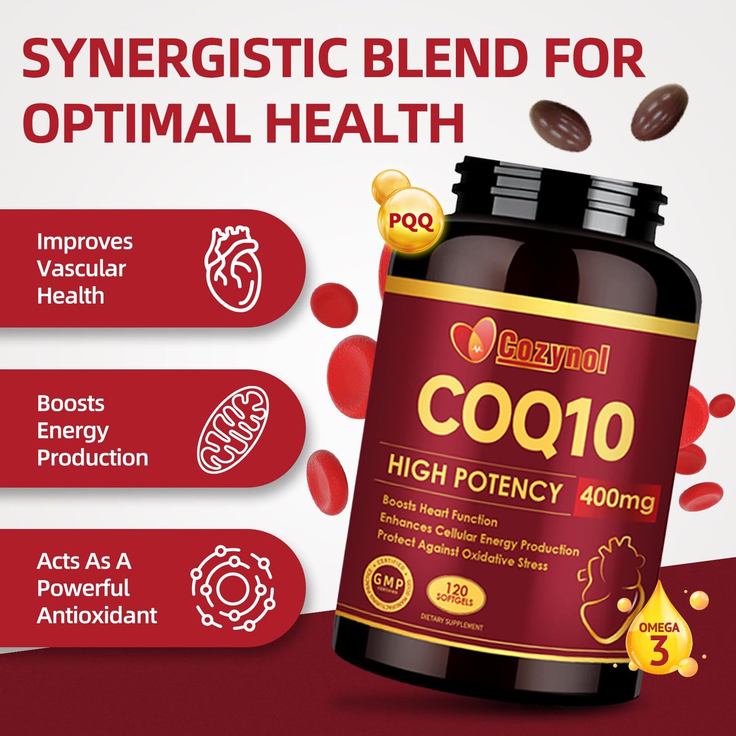 CoQ10-400mg Softgels with PQQ & Omega-3 – Maximum Absorption CoQ10 for Heart Health & Energy Production | 120 Count | Non-GMO