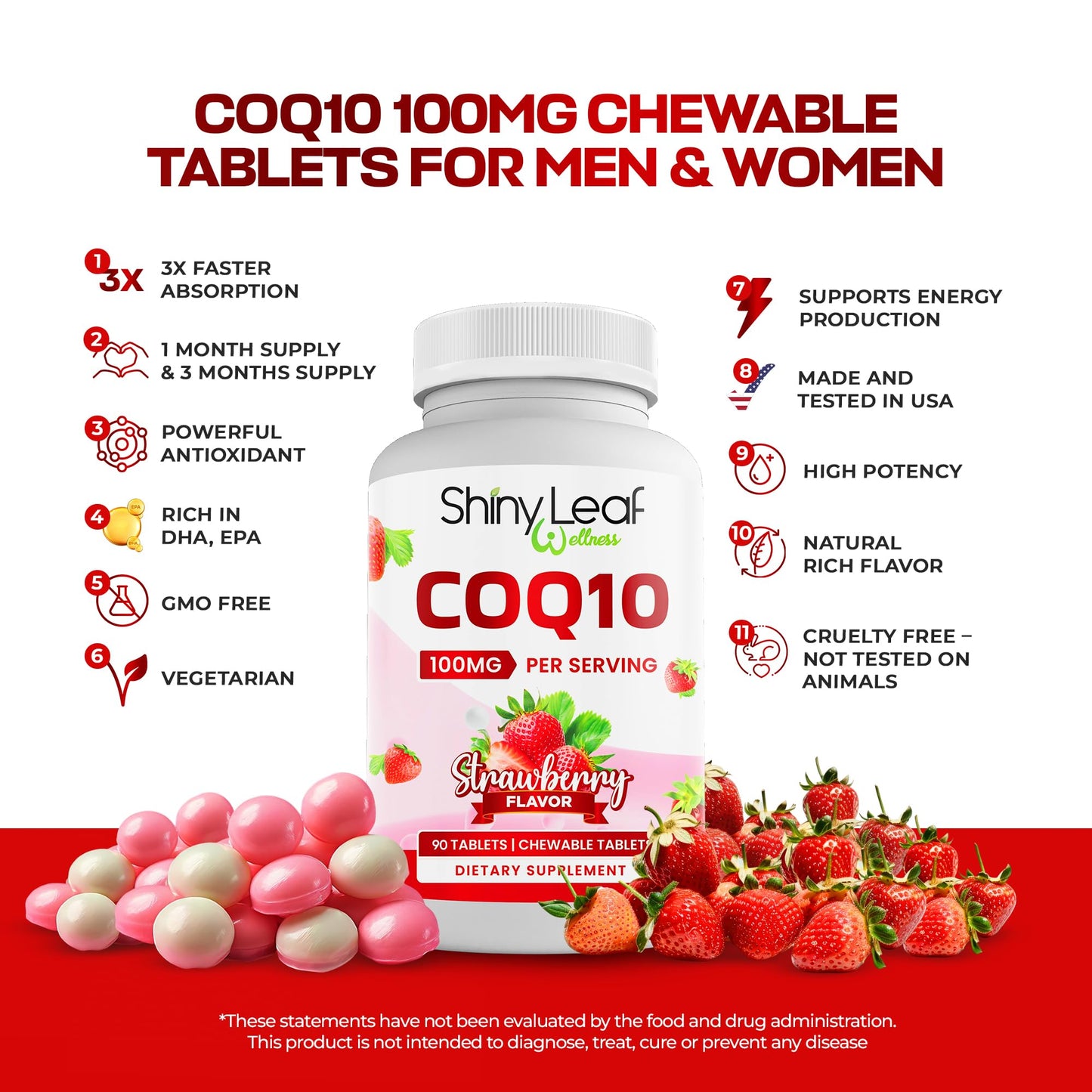 Shiny Leaf CoQ10 100mg Chewable – Heart Health & Energy, 90 Tabs, Made in USA