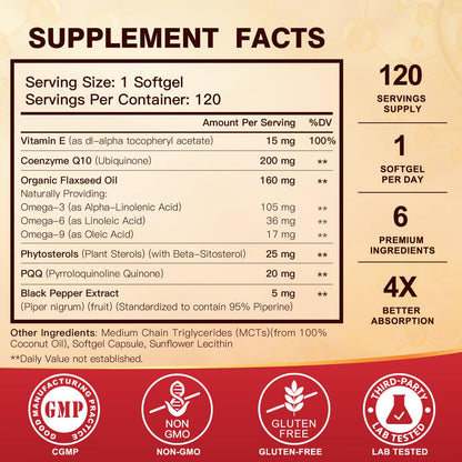 CoQ10 200mg Softgels with Vitamin E, Omega 3-6-9, PQQ | High Absorption Bioperine | Heart & Cellular Energy - 120 Servings