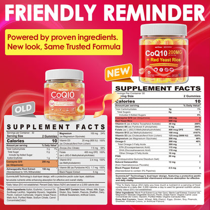 CoQ10 Gummies 200mg Ultra High Absorption with Red Yeast Rice, Omega-3 & B Vitamins