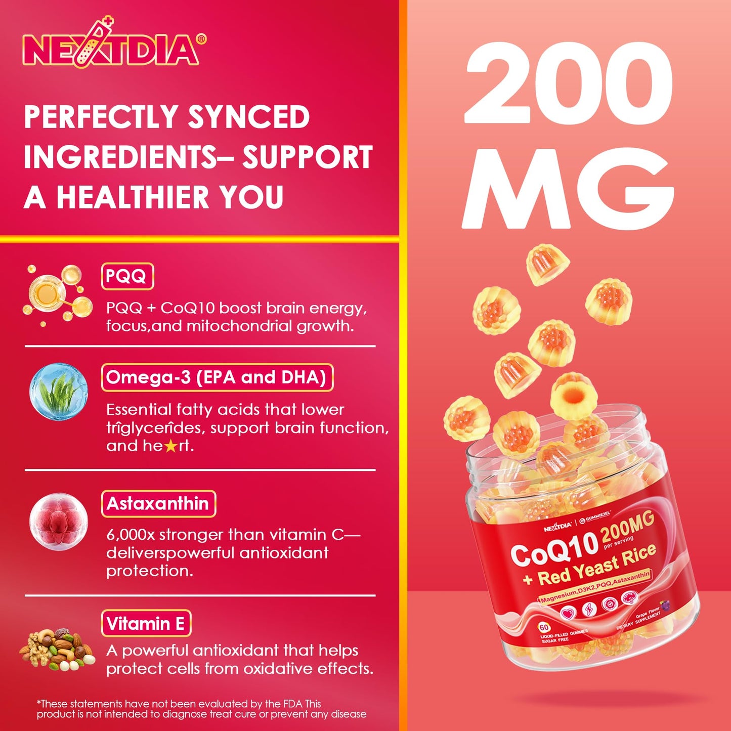 CoQ10 Gummies 200mg Ultra High Absorption with Red Yeast Rice, Omega-3 & B Vitamins