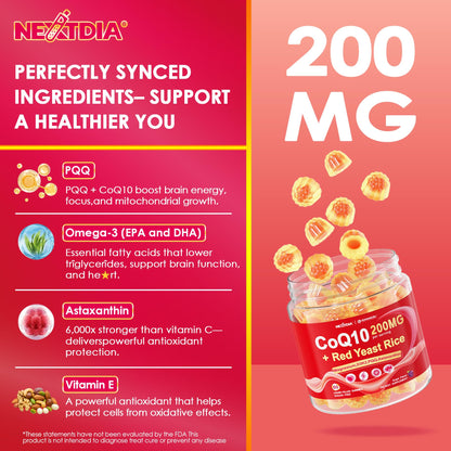 CoQ10 Gummies 200mg Ultra High Absorption with Red Yeast Rice, Omega-3 & B Vitamins