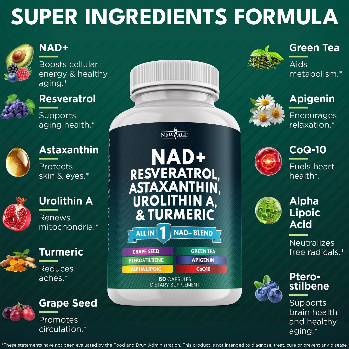 NAD+ Supplement with Astaxanthin, Urolithin A, Resveratrol & CoQ10 | Cellular Energy & Mitochondrial Support | Vegan, Non-GMO | 60 Count