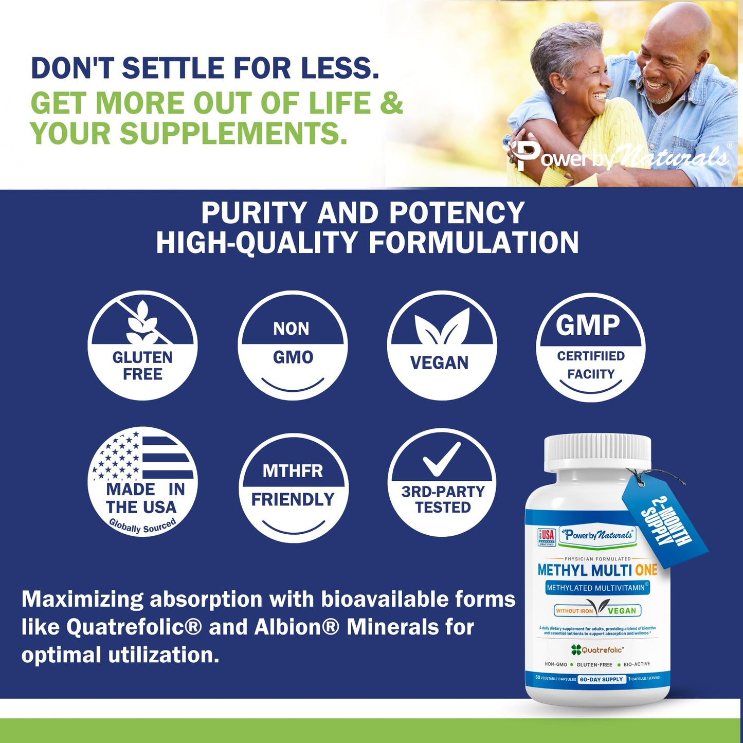 Power By Naturals Methyl Multi One – Iron-Free Methylated Multivitamin for Energy & MTHFR Support (60 capsules, 2-pack)
