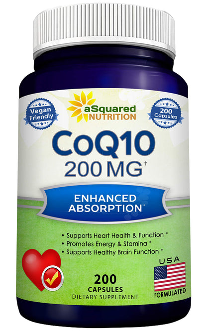 aSquared Nutrition CoQ10 (200 Capsules, 200mg) – High-Absorption Vegan CoQ10 (Ubiquinone) Supplement