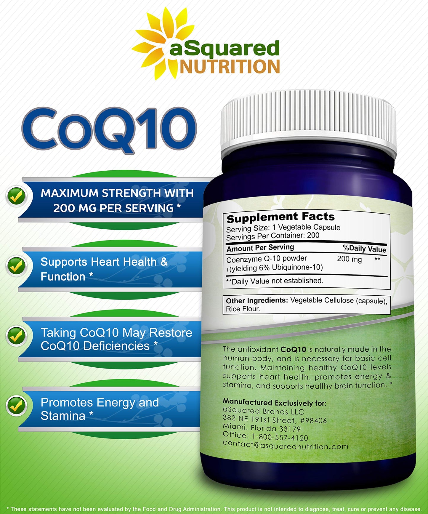 aSquared Nutrition CoQ10 (200 Capsules, 200mg) – High-Absorption Vegan CoQ10 (Ubiquinone) Supplement