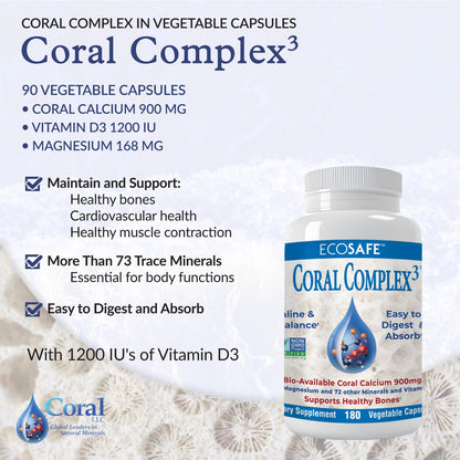Coral Complex 3: Coral Calcium 900 mg, Vitamin D3 1200 IU, Magnesium 168 mg – 180 Vegetarian Capsules