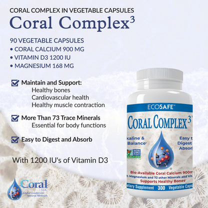 Coral Complex 3 — Coral Calcium 900 mg + Vitamin D3 1200 IU + Magnesium 168 mg | 300 Vegetarian Capsules | Coral White