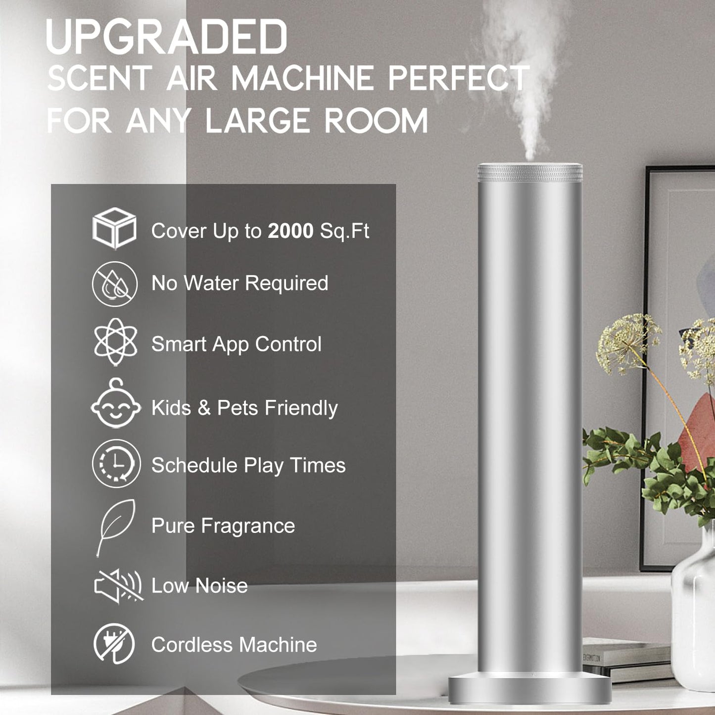 2025 Upgraded Cordless Rechargeable Diffuser with Bluetooth App Control - Large Room Scent Diffuser (Silver)
