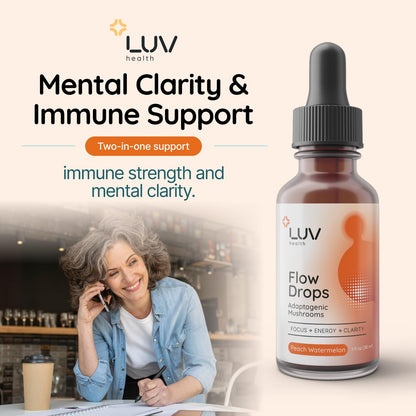 LUV health Flow Drops – Energy, Focus & Immune Support | Adaptogenic Mushrooms (Vegan, Made in USA)