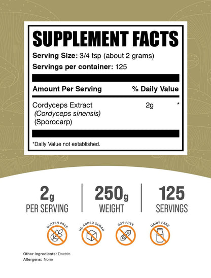 Cordyceps Mushroom Extract Powder – Cordyceps Sinensis, Vegan & Gluten Free | 2g per Serving, 250g | BulkSupplements.com