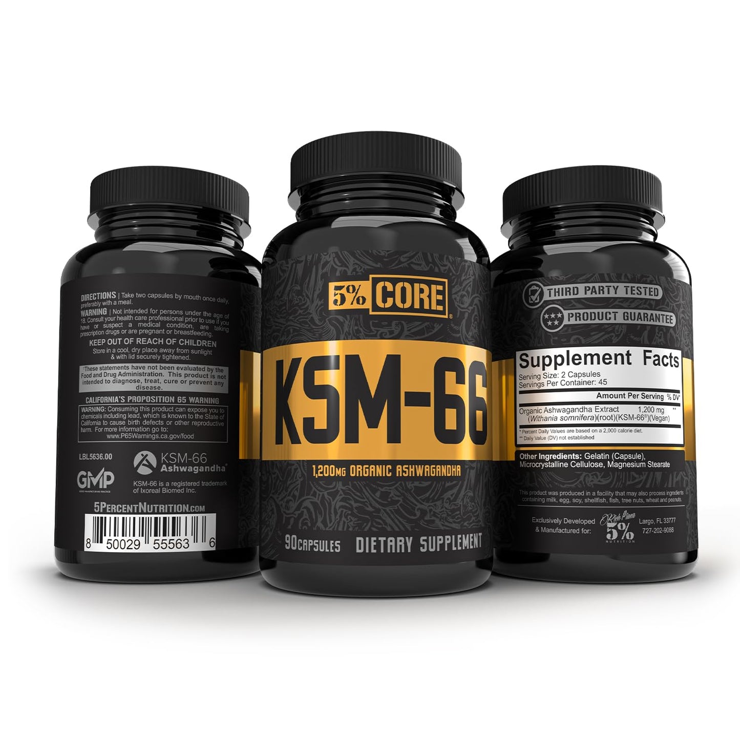 5% Nutrition Core KSM-66 Ashwagandha | 1,200mg Organic Root Extract | High Potency 5% Withanolides (90 Capsules, 45 Servings)