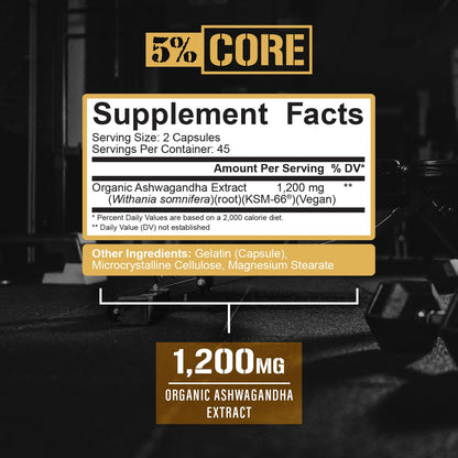 5% Nutrition Core KSM-66 Ashwagandha | 1,200mg Organic Root Extract | High Potency 5% Withanolides (90 Capsules, 45 Servings)