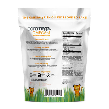 Coromega Kids Omega-3 Fish Oil 650mg – Tropical Orange + Vitamin D, 120 Squeeze Packets