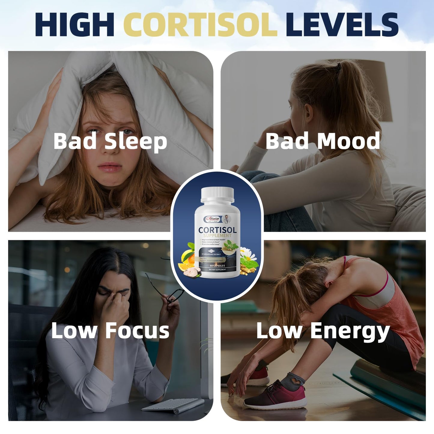 Cortisol Supplements for Women & Men - High Cortisol Reducer with Magnesium, Ashwagandha, Rhodiola, L-Theanine for Mood, Focus & Sleep